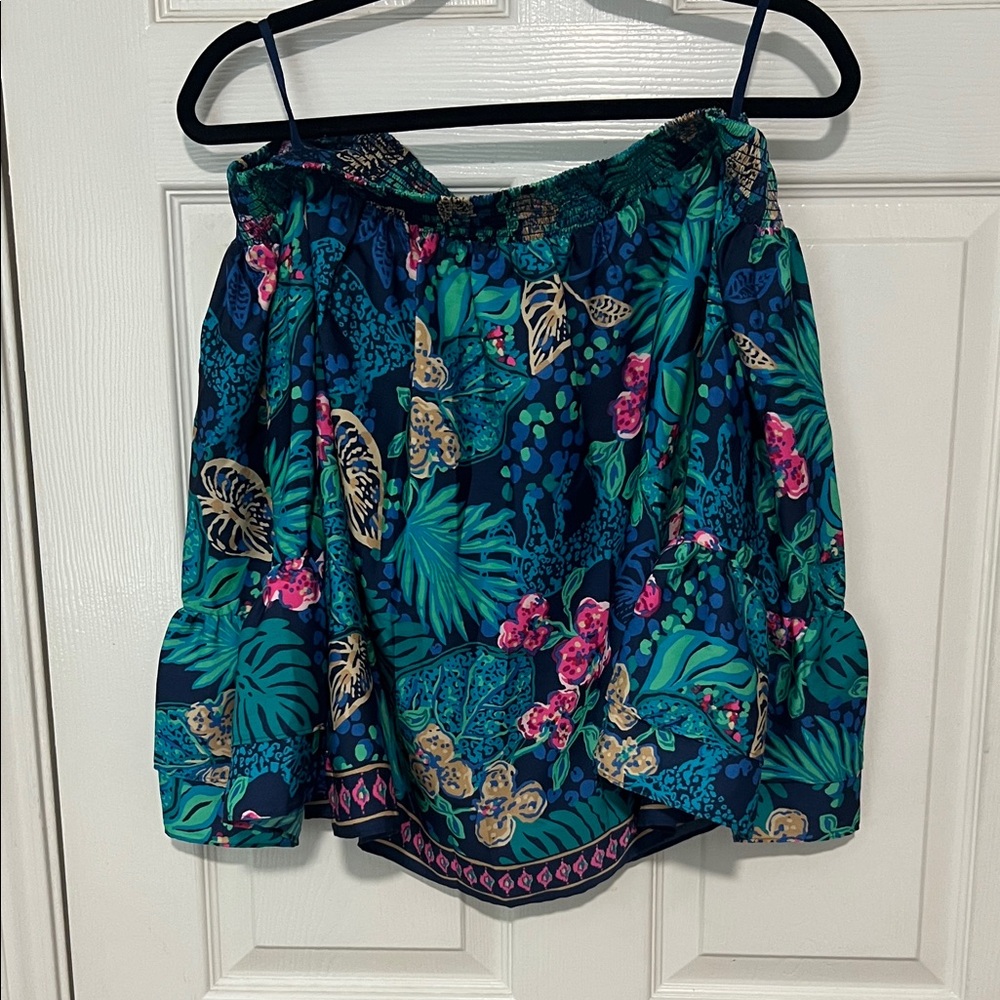 Lilly Pulitzer Off-Shoulder Tropical Print Blouse - Blue and Green